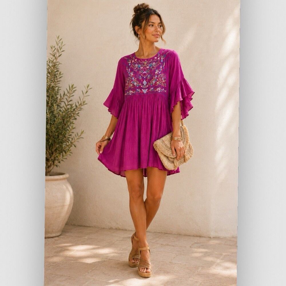 Umgee Boho Bliss Floral Embroidered Flutter Sleeve Mini Dress Pink Babydoll Sz S